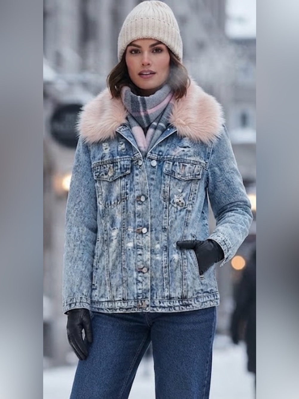 Highly Sought After Honey Punch Acid Wash Denim Jacket w/ Pink Faux Fur Collar
